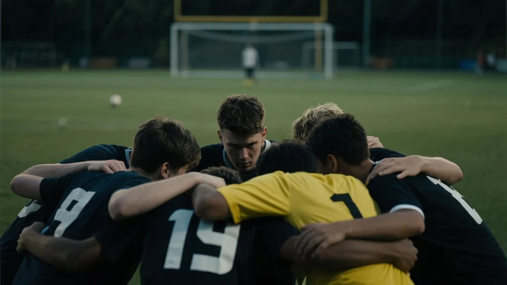 点球大战前球员围成一圈的紧张时刻,电影感构图